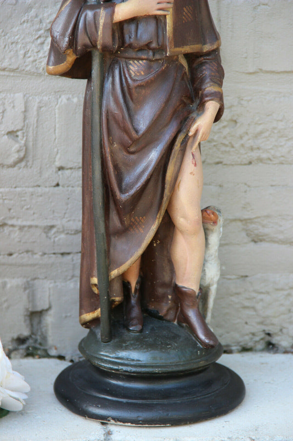 RARE antique Religious SAINT ROCH dog Statue Church Plaster polychrome  1930