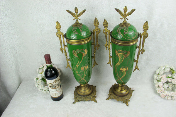 PAIR French antique Faience porcelain Green art nouveau cassolettes vases