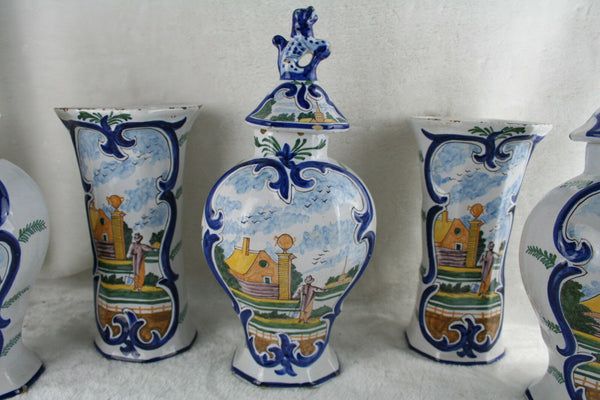 RARE antique dutch Mantle garniture Set 5 Pottery Delft polychrome Vases