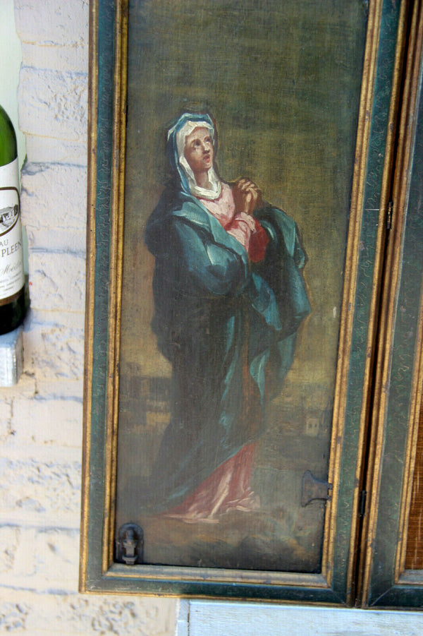 Antique rare religious XXL wall Triptych Wood carved christ oil panel paintings