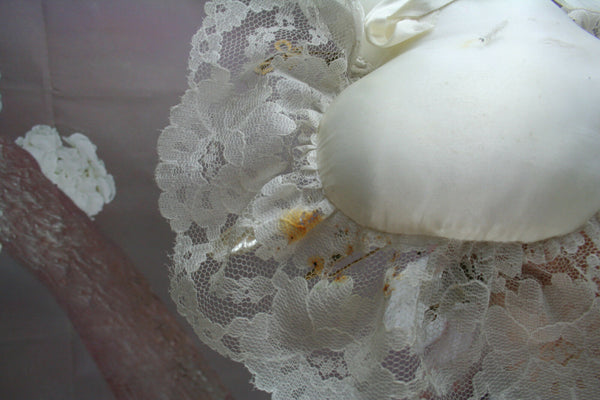 Antique Hat Pin Cushion or Pillow, Satin with Lace Overlay circa 12 pins