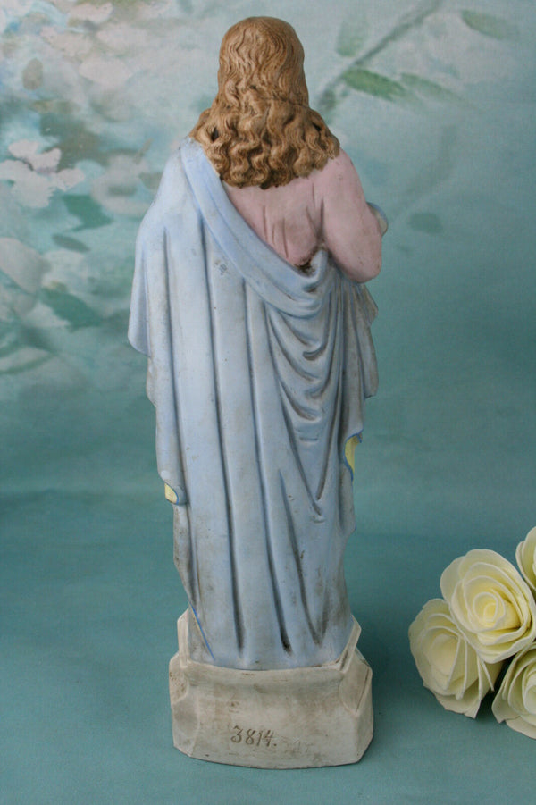 Antique Holy Sacred heart Jesus Biscuit porcelain French  polychrome colours