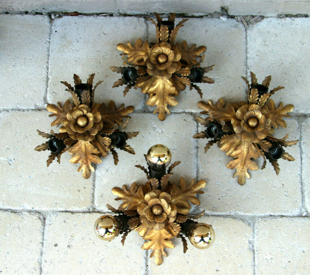 SET 4 Hollywood regency Wall lights sconces Leaf gold gilt attr. maison jansen