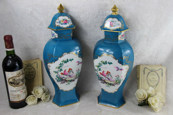 Pair French Limoges porcelain marked Vases Birds decor turquoise blue