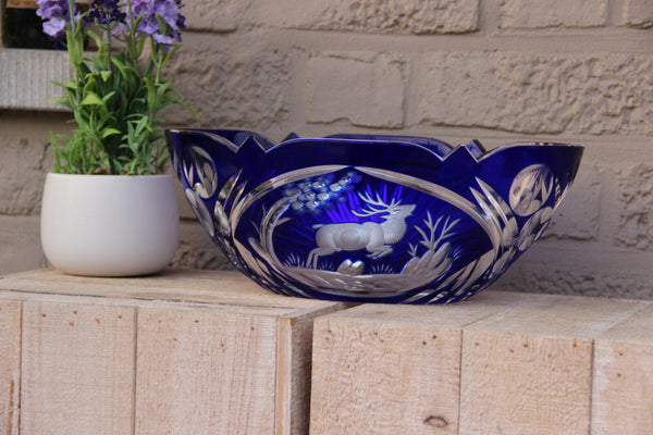 Large Vintage Czech bohemia art glass crystal Bowl hunting deer blue