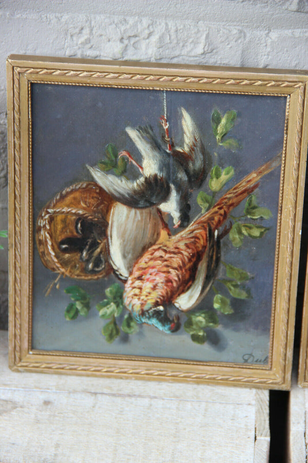 Antique pair oil panel French painting Still life hunting trophy patridge bird