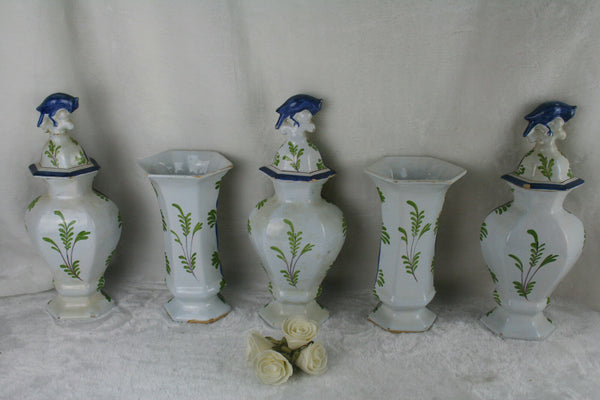 Antique 19thc  Set Delft pottery  Holland Polychrome Bird Vases set marked