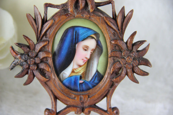 Black forest wood EDELWEISS  religious miniature portrait porcelain madonna