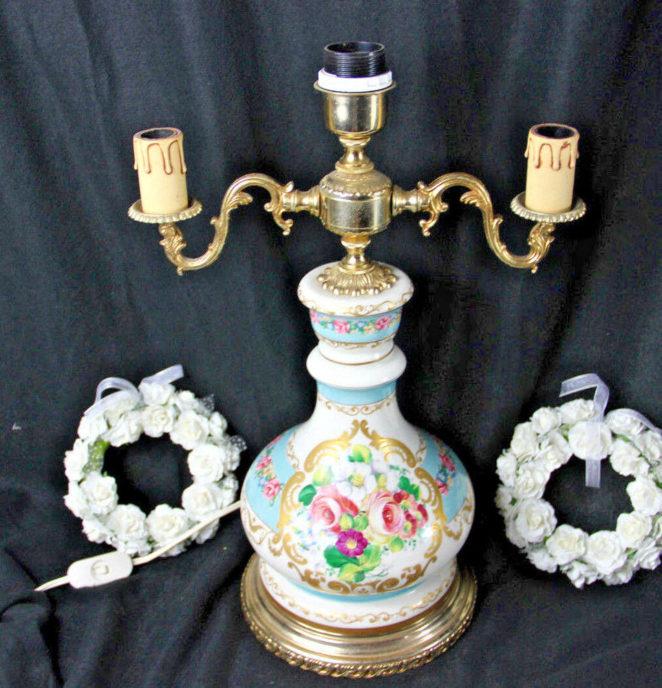 French vintage Porcelain table lamp floral decor hand paint 1970