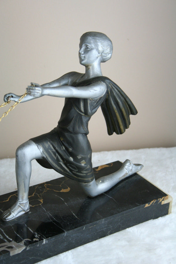 Art deco French spelter Group Lady dogs whippets marble base statue sculpture