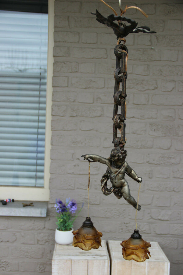 Superb antique parisian bronze putti angel pendant lantern chandelier