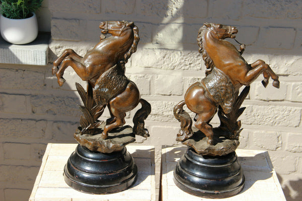 PAIR antique spelter Bronze patina marly horses by Coustou wood base