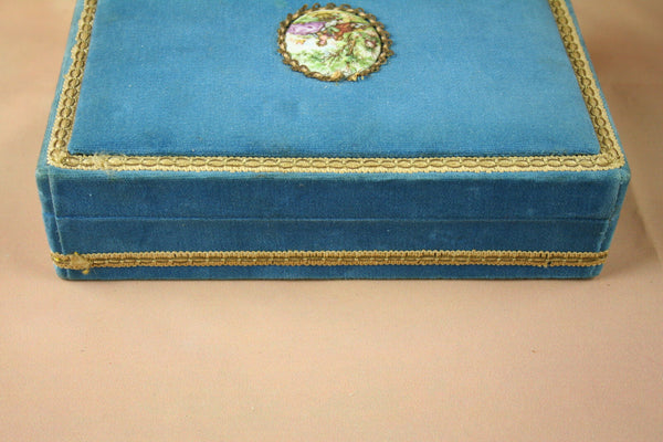 Antique FRENCH fabric box velvet nice color blue with medallion frazarte signed