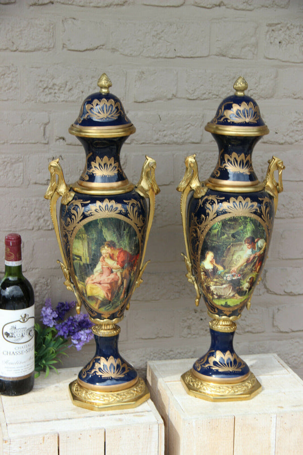 XL pair French limoges porcelain romantic landscape scene Vases