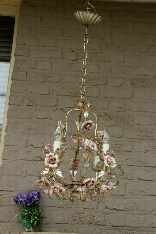 Vintage French cute metal silver gilt pink porcelain Flowers Chandelier 1970