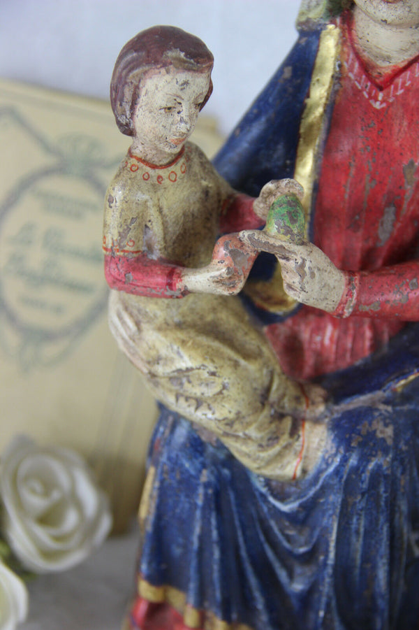 old European wood carved polychrome Madonna statue religious 1940's
