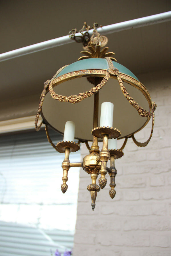 Vintage French bouillotte Empire design chandelier lamp pendant metal green 1970