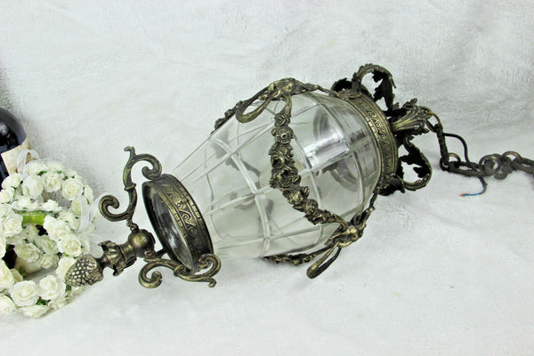 Antique Belgian Bronze Val saint lambert crystal glass chandelier lantern ram