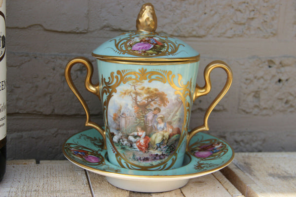 Antique French Porcelain marked sugar bowl pot Victorian romantic scene