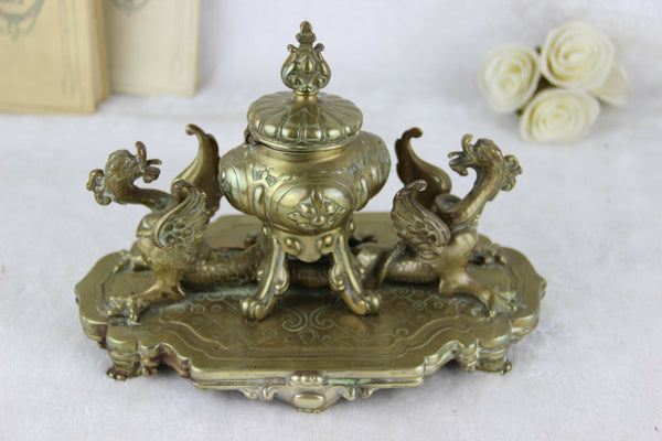 French antique bronze dragons gothic inkwell desk