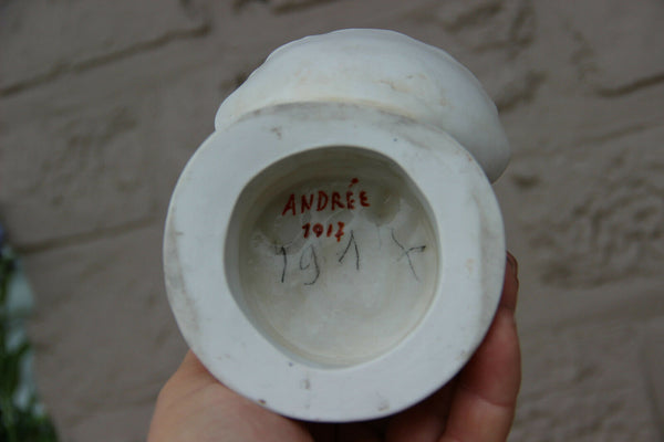 Antique French rare 1917 marked Bisque porcelain holy water font communion