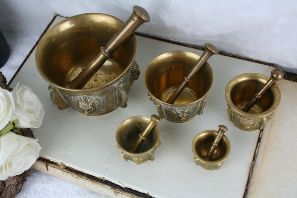 Vintage Set French Bronze Apothecary Mortar & pestle lion heads 1950's