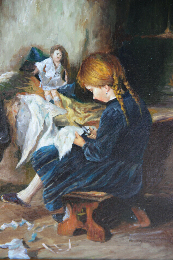 Stunning Flemish kids playing doll interior oil canvas vintage painting 1970s