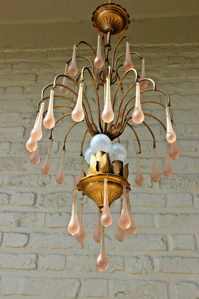 Vintage Italian 1960 metal gold gilt Muranp pink drops chandelier
