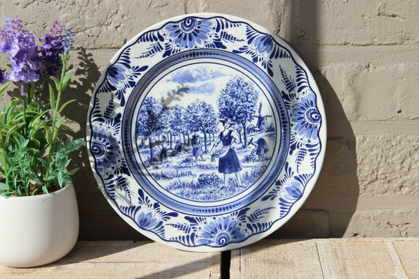 Vintage DELFT blue white pottery plate marked summer season