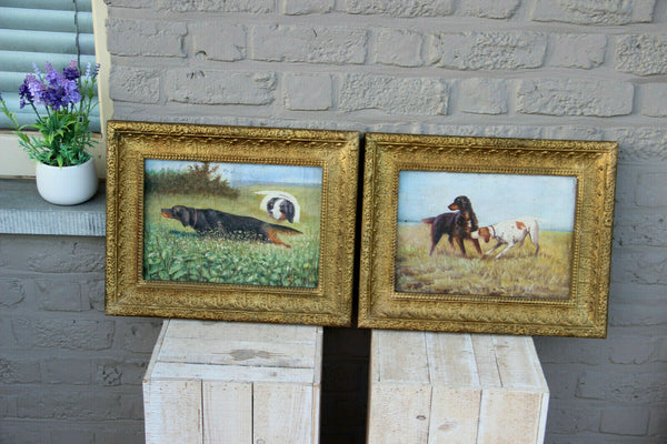 PAIR Antique oil canvas paintings hunting dogs field signed 1914
