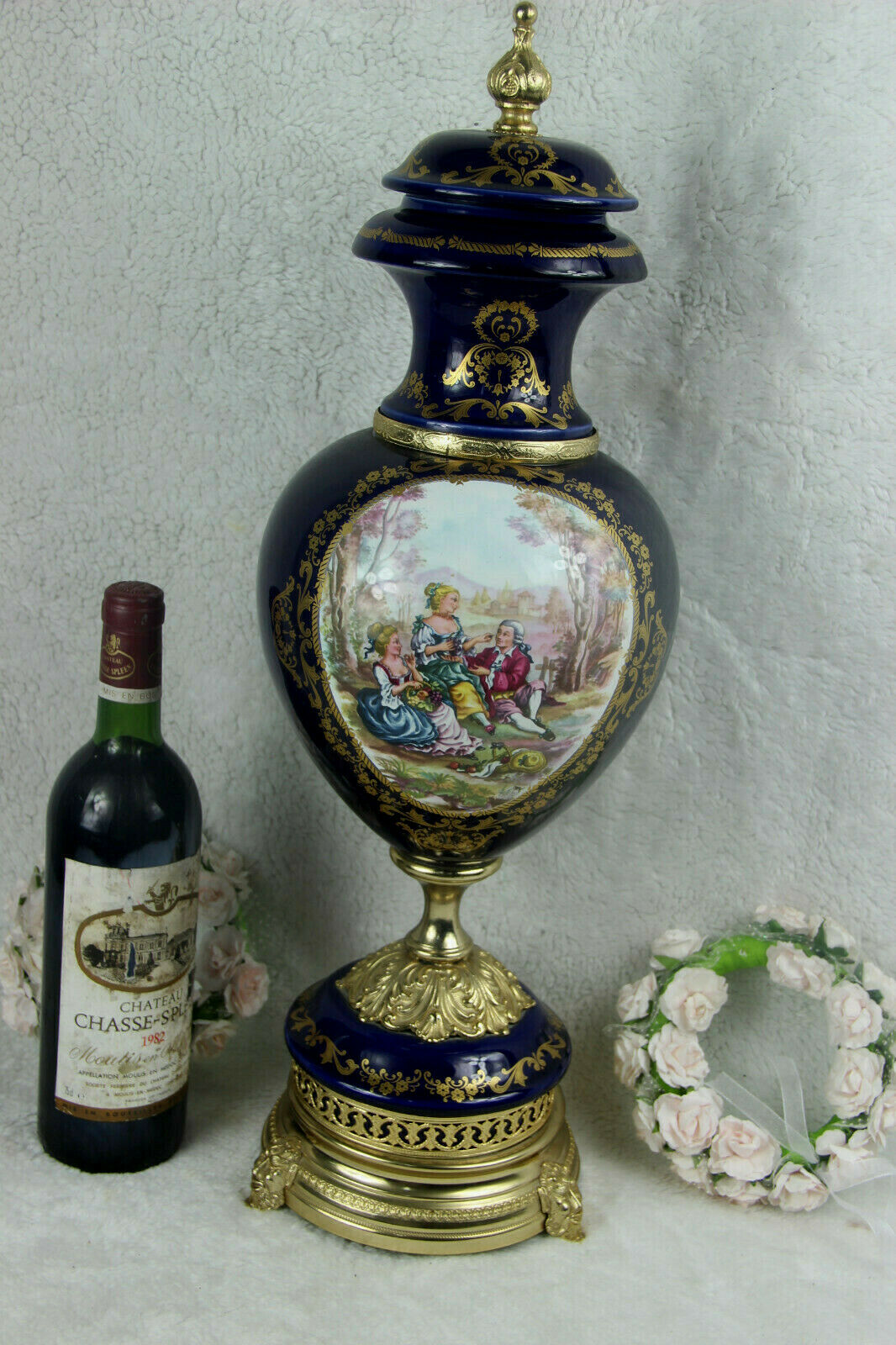 XL French Limoges blue romantic victorian Vase satyr devil heads base