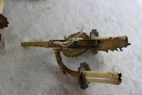 PAIR antique french brass Wall lights sconces Laurel fleur de lys 1930's flame