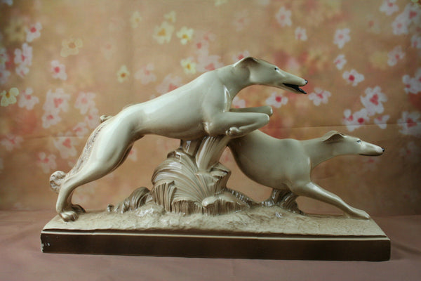 LARGE French Art Deco ceramic two running greyhound Whippet Signed LEMANCEAU