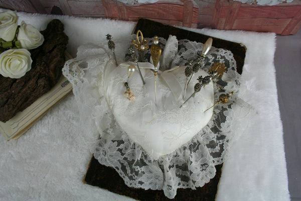 Antique Hat Pin Cushion or Pillow, Satin with Lace Overlay circa 12 pins