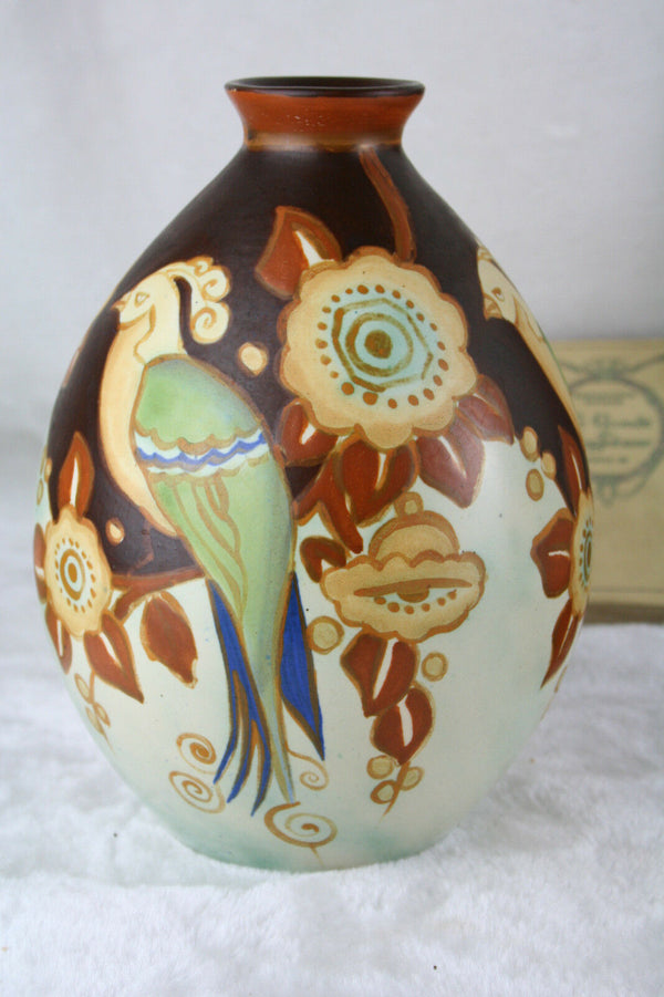 Rare Boch Freres Keramis Catteau Art deco Belgian Vase parrot birds D2781