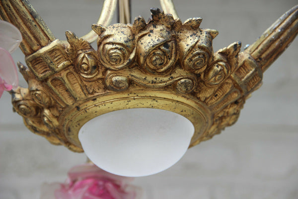 Antique art nouveau french pink tulip glass shade 3 arm chandelier pendant
