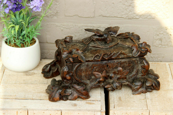 Antique Black forest detailed wood carved jewelry trinket box bird