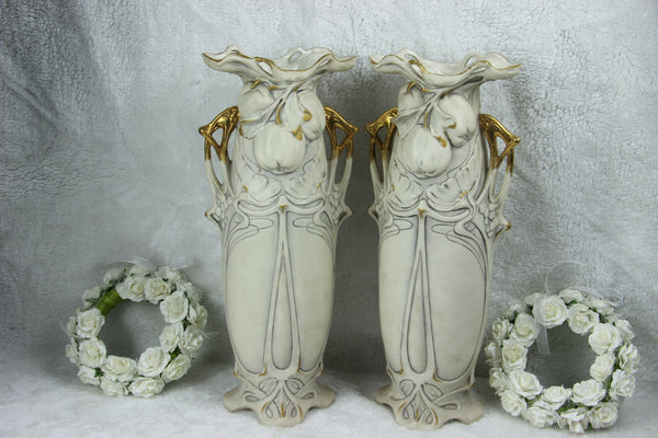 PAIR Art nouveau ROYAL DUX marked Pottery Vases Fruit apple