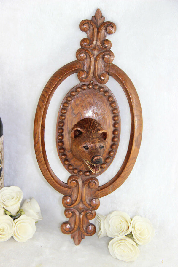 Antique Swiss Wood carved black forest Bear wall plaque panel 1920's