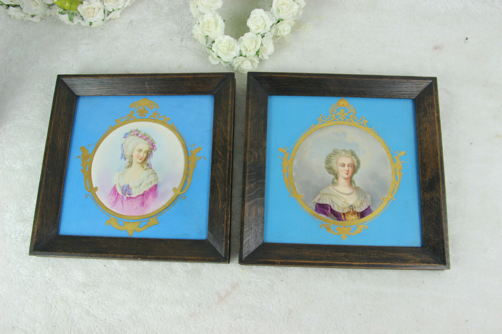 PAIR antique SEVRES porcelain maria antoinette portrait ceramic plate framed