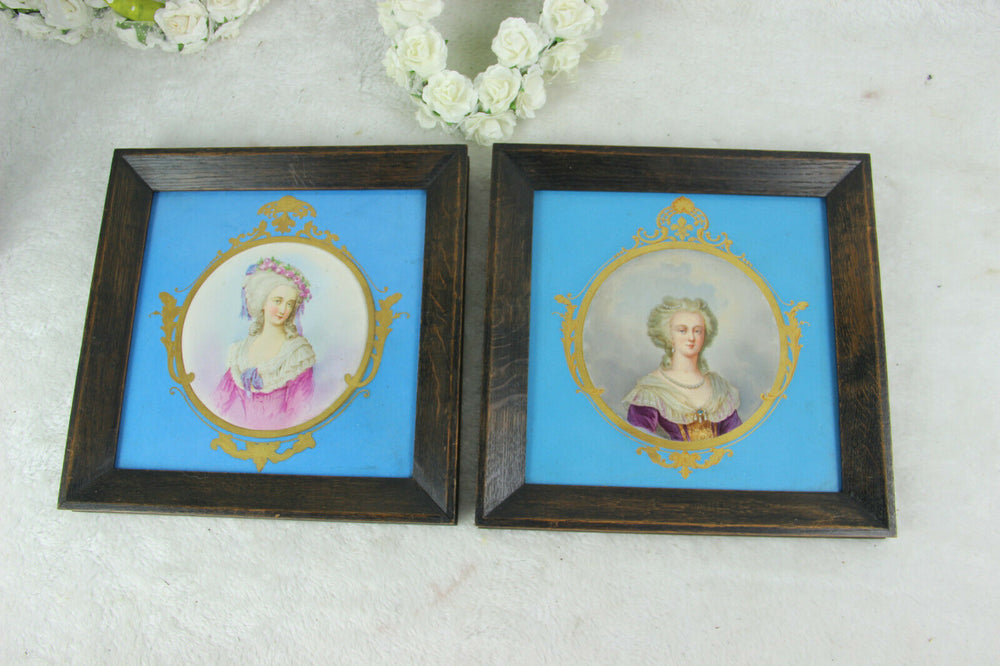 PAIR antique SEVRES porcelain maria antoinette portrait ceramic plate framed