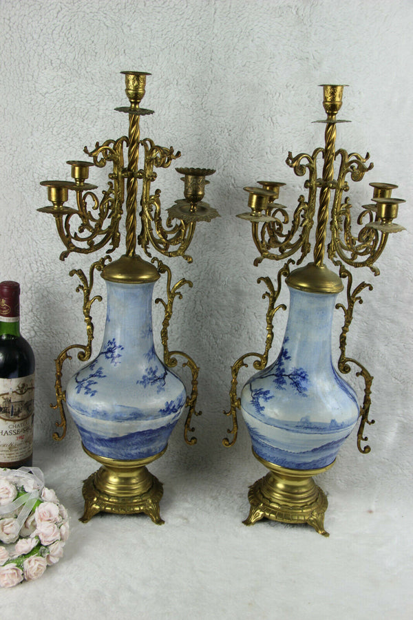 PAIR delft blue white faience Candelabras candle holder mill landscape