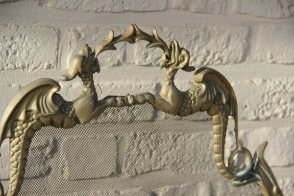Antique French bronze metal gothic castle dragons fireplace screen