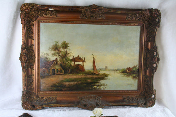 Holland Oil Canvas painting Dutch farm on the lake 1910 circa signed Willers