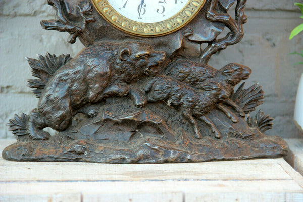 Antique Black forest Cast iron bear hunting sheep animal theme mantel clock