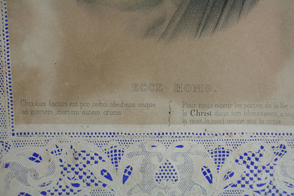 PAIRE FRENCH 19th c portraits Mary JEsus latin text in its original frame wood