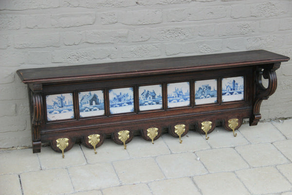 Huge Antique oak wood carved wall coat rack delft pottery tiles 1920s