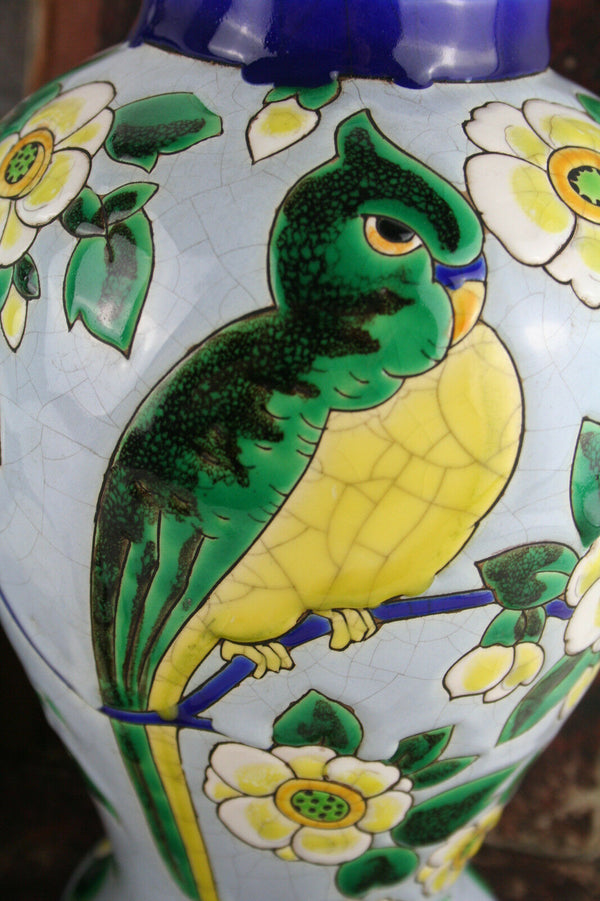 ART DECO C catteau Keramis glazed eathenware Vase D1435 F975 parrot birds