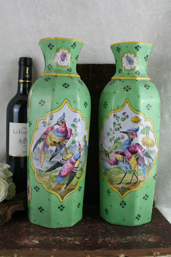 Stunning PAIR European Art Ceramic green bird Vases insects floral 1930