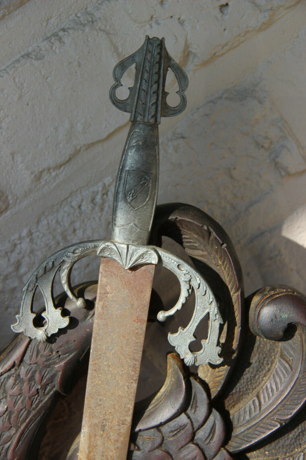 Vintage French Medieval castle Shield armor knight wood patina double eagle 1970